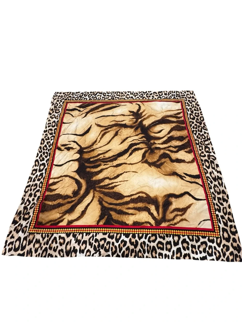 Chico’s Tiger Essence 100% Silk Square Scarf NWT Animal Print Chain Border 37.5”